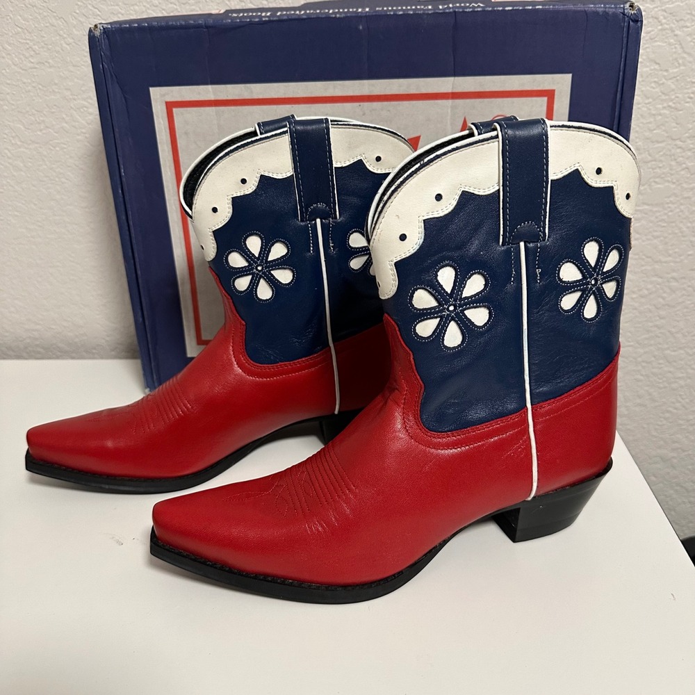 Tony Lama Y2K Deadstock Briana Red White Blue Cowboy Boots Women's 7.5 B NIB